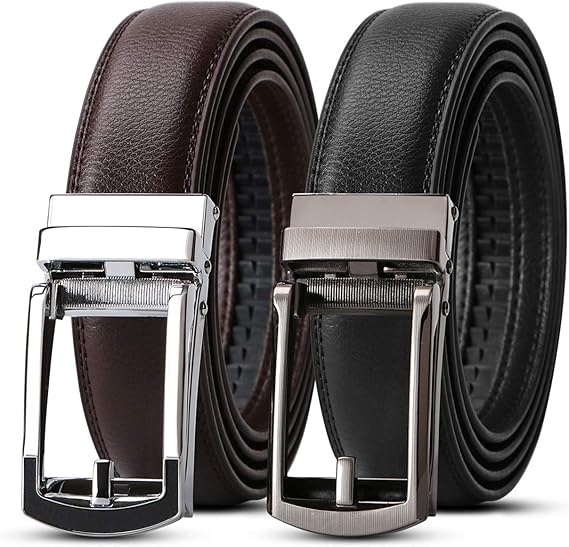 WERFORU Set of 2 Leather Ratchet Dress Belt for Men Perfect Fit Waist Size 22-50 inches with Automat